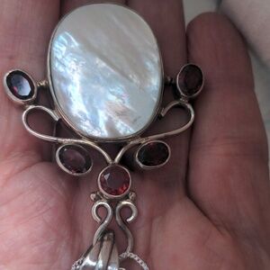 New MOP & Red Garnet Sterling Silver Pendant Necklace., 20" Chain, Artisan, Box